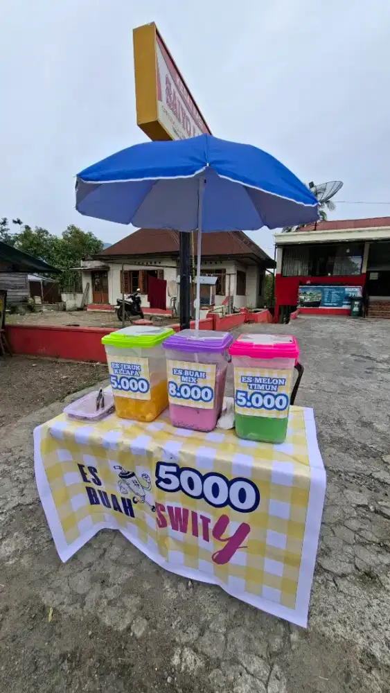 1 Set Peralatan Jualan Es Buah Meja Lipat Payung Kontainer Gayung