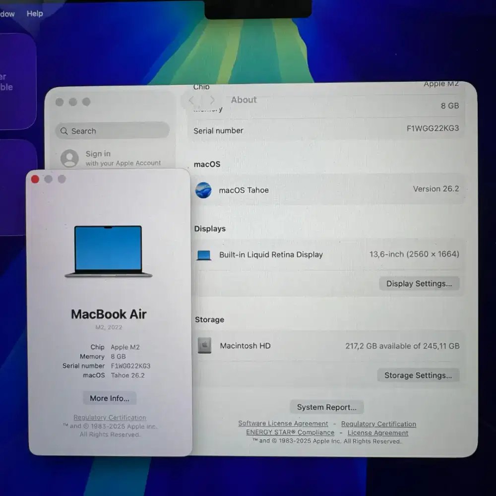 Macbook Air M2 13 Inch Ram 8 Ssd 256  lengkap full set Space Grey