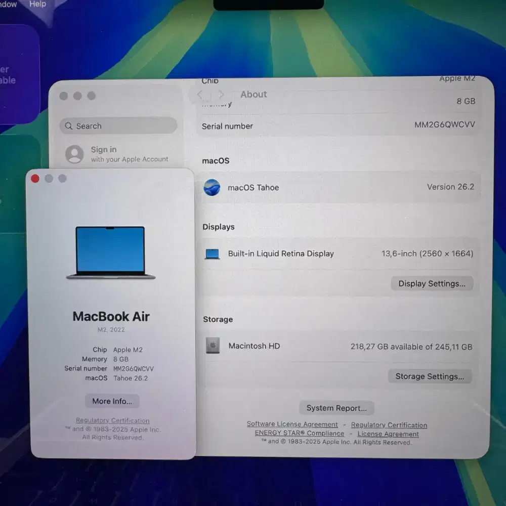 Macbook Air M2 Ram 8 Ssd 256 Layar 13 inch Full set Spacr Grey