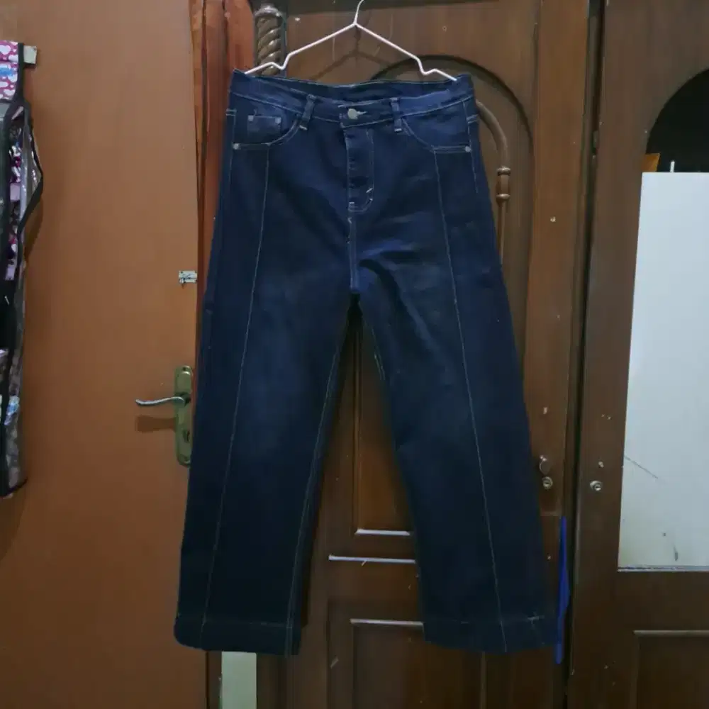 Celana highwaist loose jeans wanita kulot garis lipat lebar straight