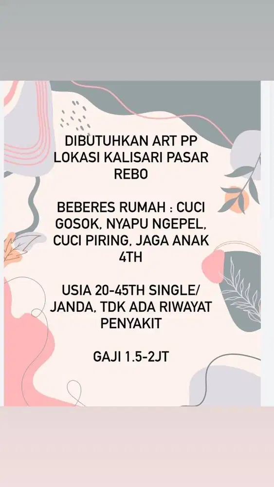 Dibutuhkan ART PP Kalisari Pasar rebo