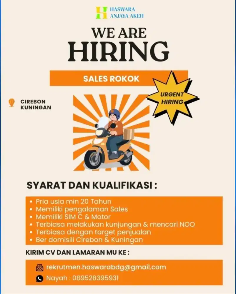 Dibutuhkan Sales Motoris Rokok