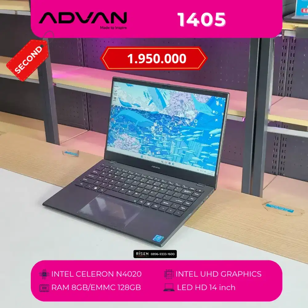ADVAN 1405 Intel Celeron N4020 RAM 8GB EMMC 128GB HD 14inch Notebook