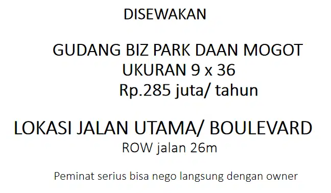 DISEWAKAN GUDANG DAAN MOGOT BIZPARK - Jalan Boulevard / BLOK DMB