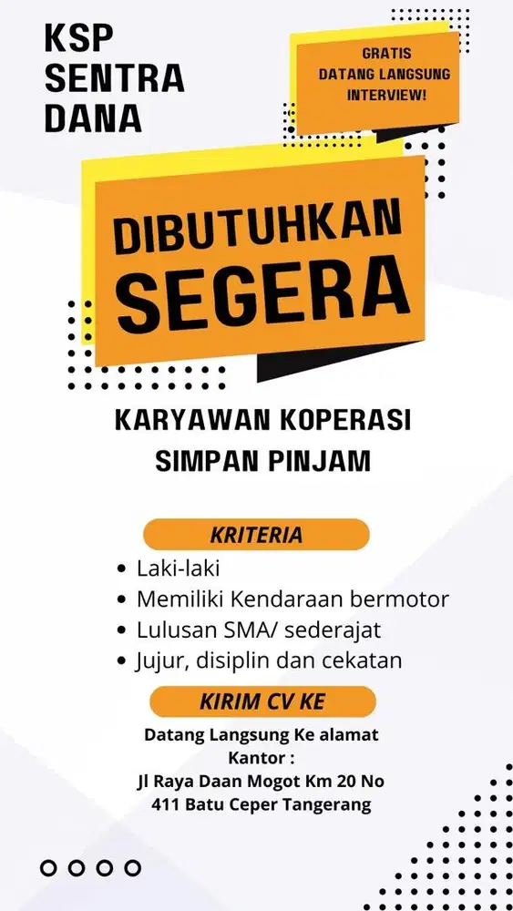 Lowongan kerja untuk karyawan koperasi simpan pinjam.