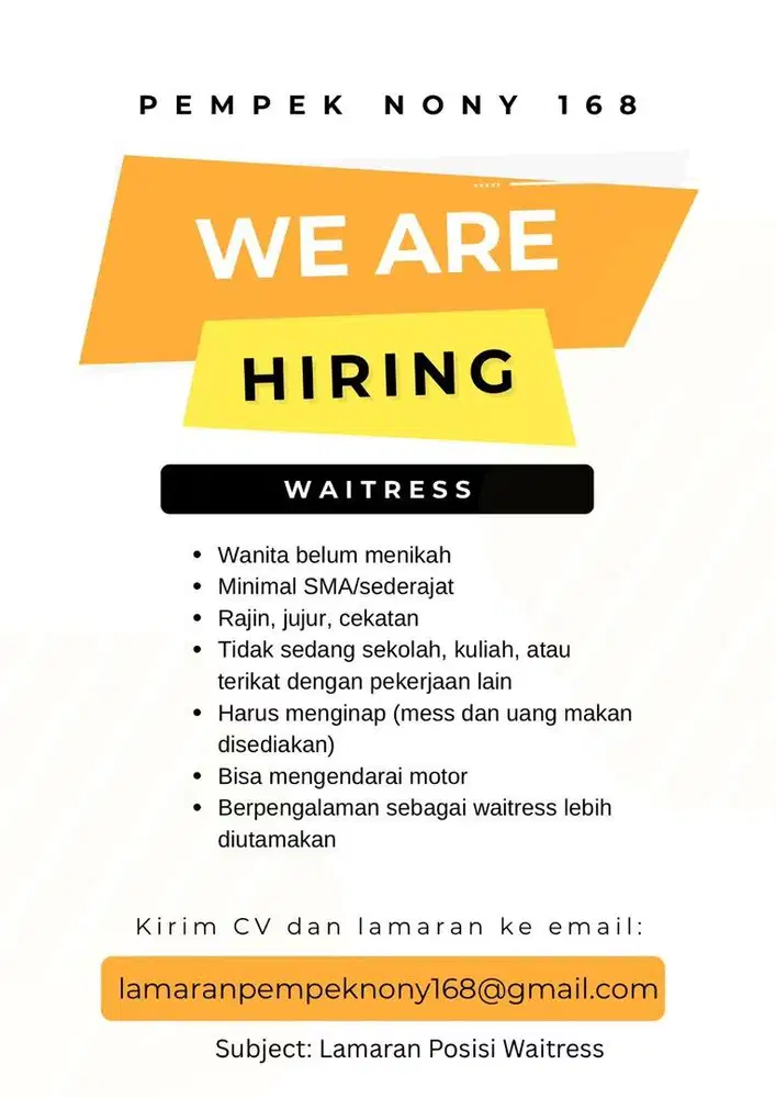 Lowongan Kerja Posisi Kasir dan Waitress