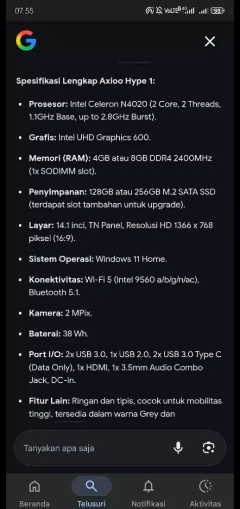 Laptop merk Axioo hype 1