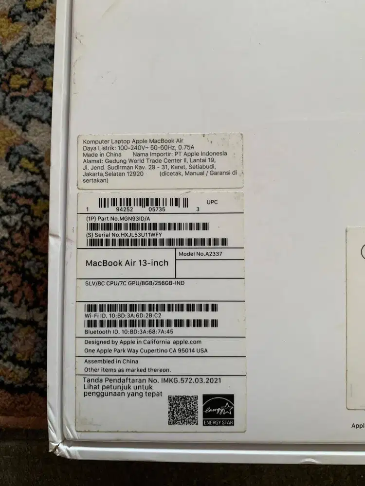 Macbook Air A2337 Silver 2020 M1 13 8/256 Original Kardus - Box - Dus