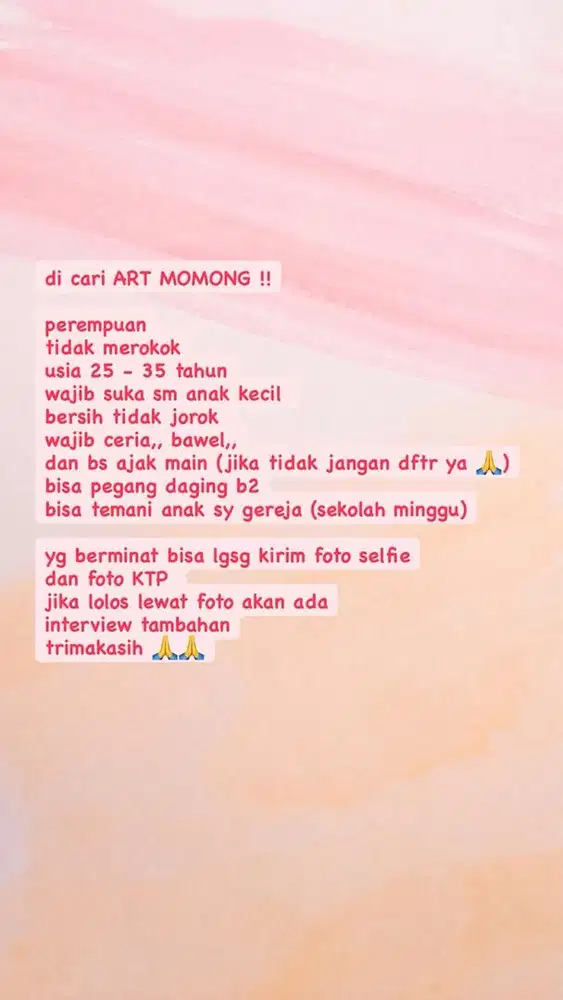 dicari ART MOMONG utk jaga anak 2 tahun