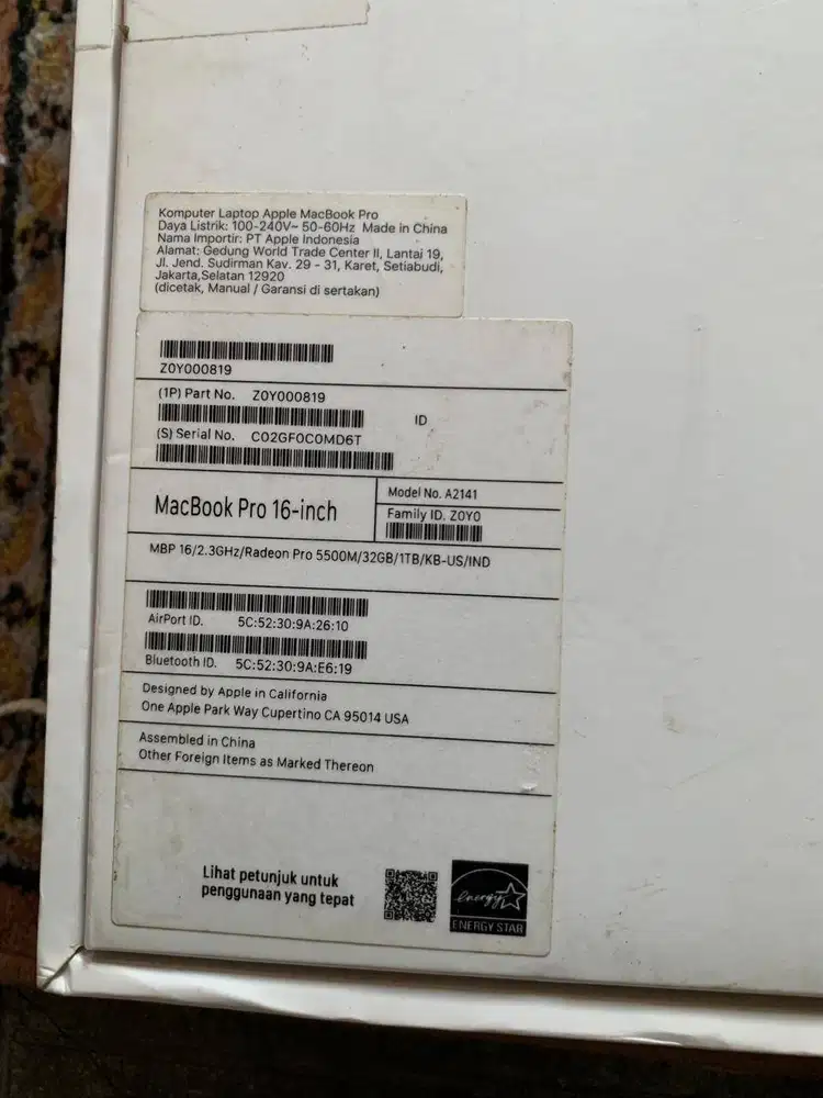 Macbook Pro A2141 Silver 2019 16 32/1 Tb Original Kardus - Box - Dus