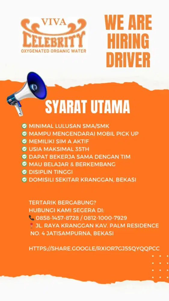 Lowongan pekerjaan driver dan asisten teknisi