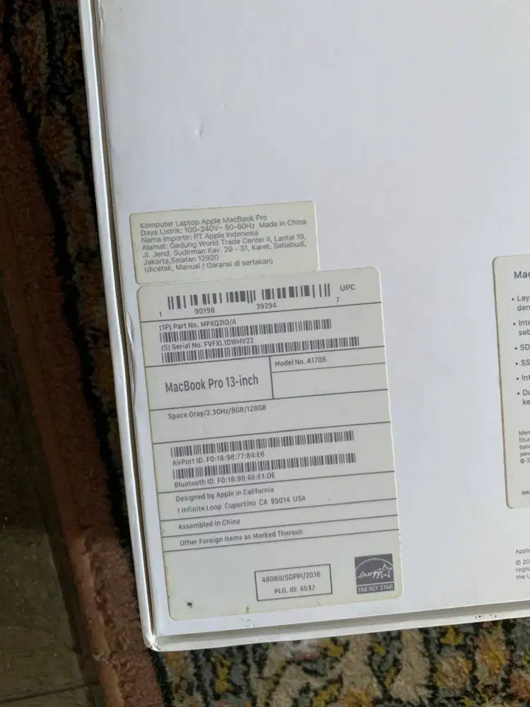 Macbook Pro A1708 Gray 2016 13 8/128 Gb Original Kardus - Box - Dus