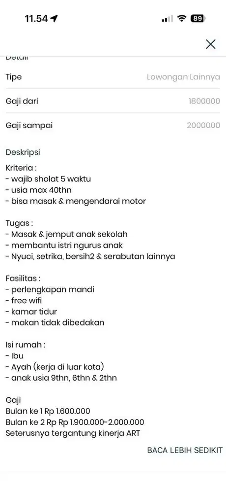 Dibutuhkan segera ART nginap wilayah Bekasi