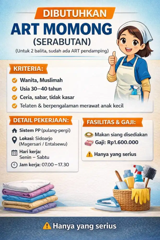 Dibutuhkan art momong serabutan (2 balita, sudah ada art temannya)