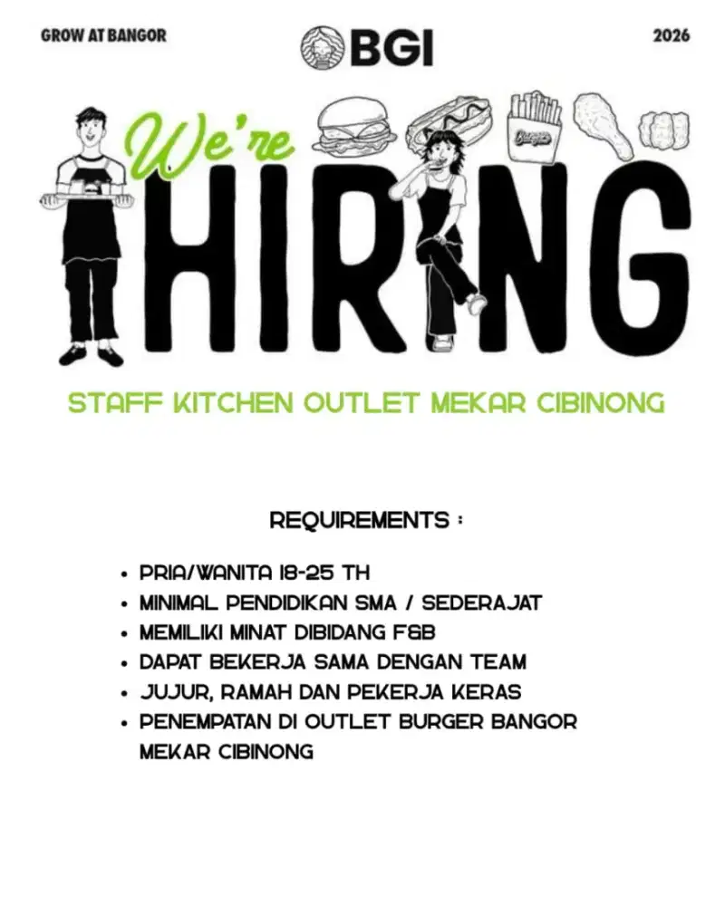 Dicari store crew untuk outlet burger Bangor mekar Cibinong