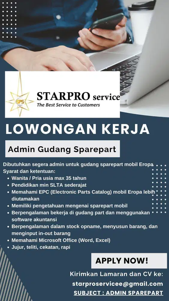 Dibutuhkan Admin Gudang Sparepart Mobil