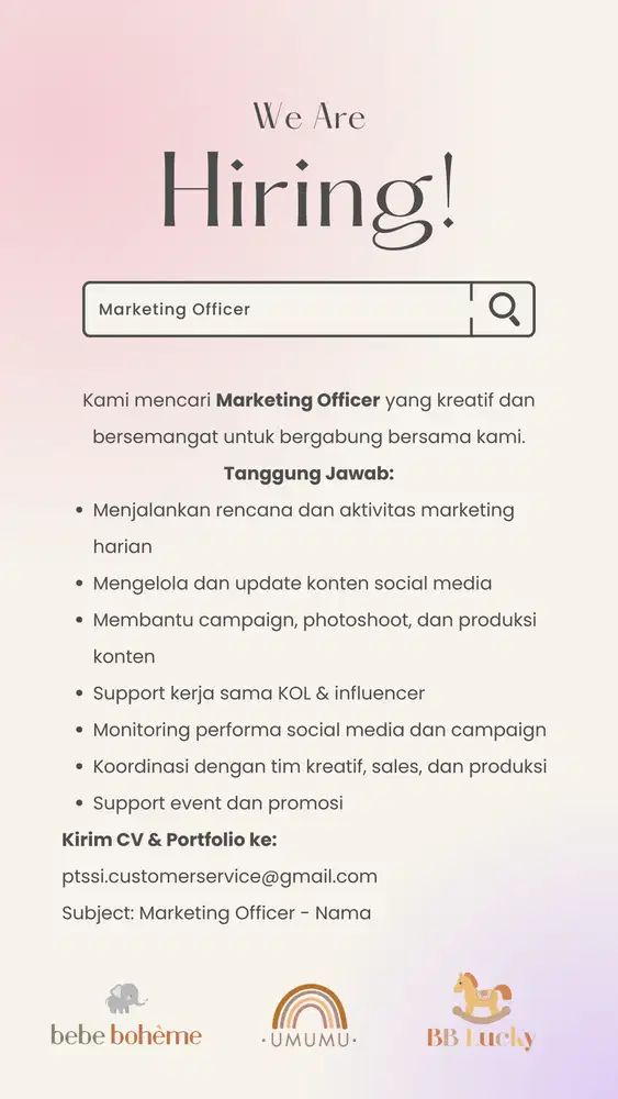 Dibutuhkan Marketing Officer (Fashion Baby & Kids)