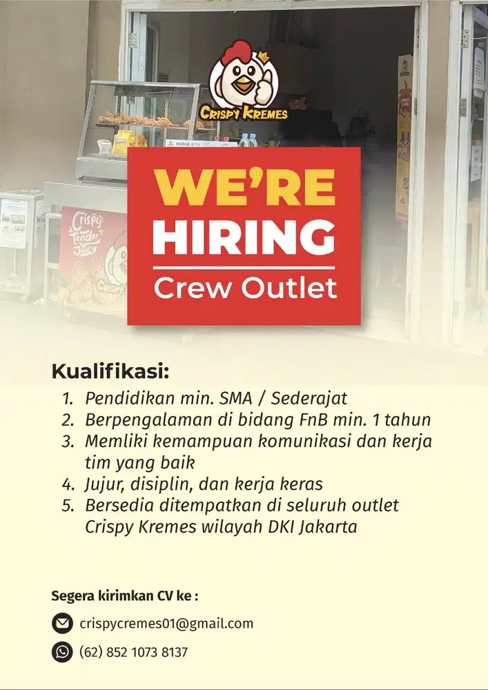 Dibutuhkan Crew Outlet F&B Crispy Kremes Gaji Bulanan