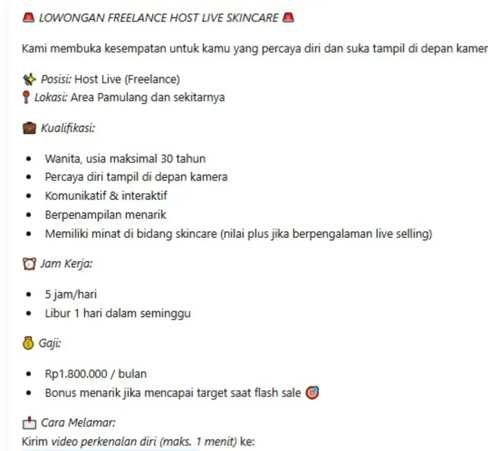 Freelance Host Live Hanya 5 Jam