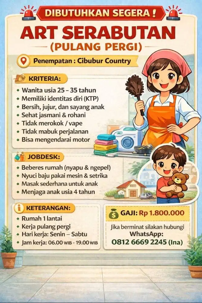 DIBUTUHKAN SEGERA! ART SERABUTAN LOKASI CIBUBUR