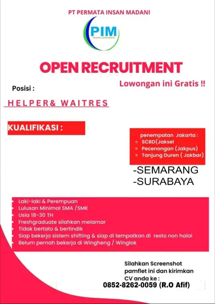 LOWONGAN KERJA Waiters dan Helper Kitchen SEMARANG SURABAYA JAKARTA