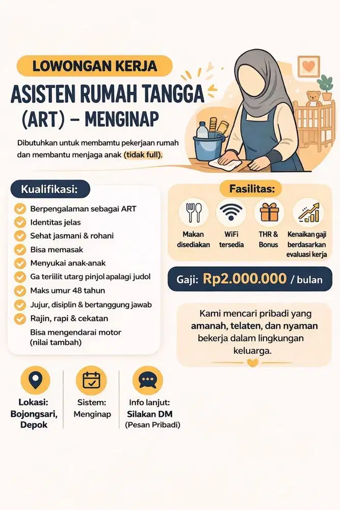 Dibutuhkan ART menginap utk bersih2 dan mengurus anak (tidak full)