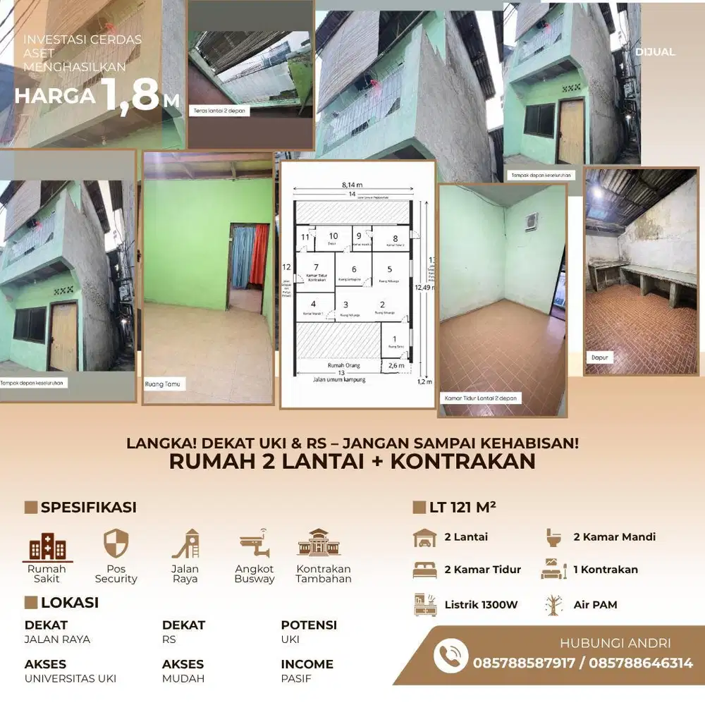 RARE! RUMAH 2 LANTAI + KONTRAKAN – DEKAT UKI & RS