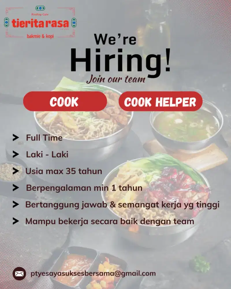 Dibutuhkan cook dan cook helper