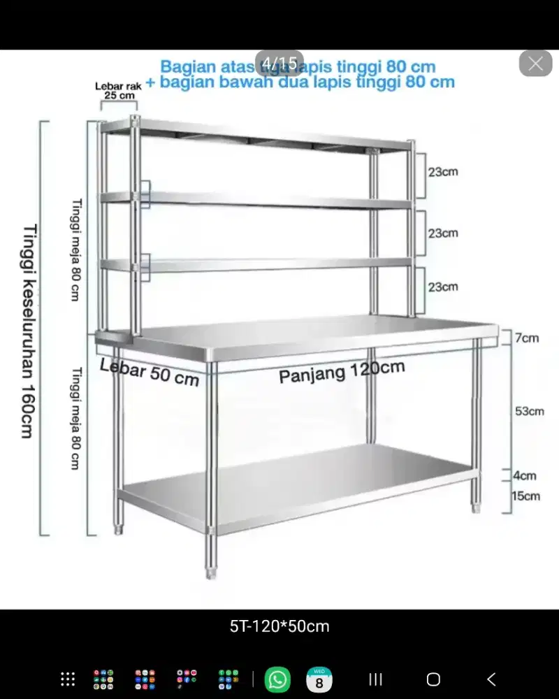 Meja Dapur Stainless Steel ukuran 120x50cm (5tingkat) Baru belum rakit