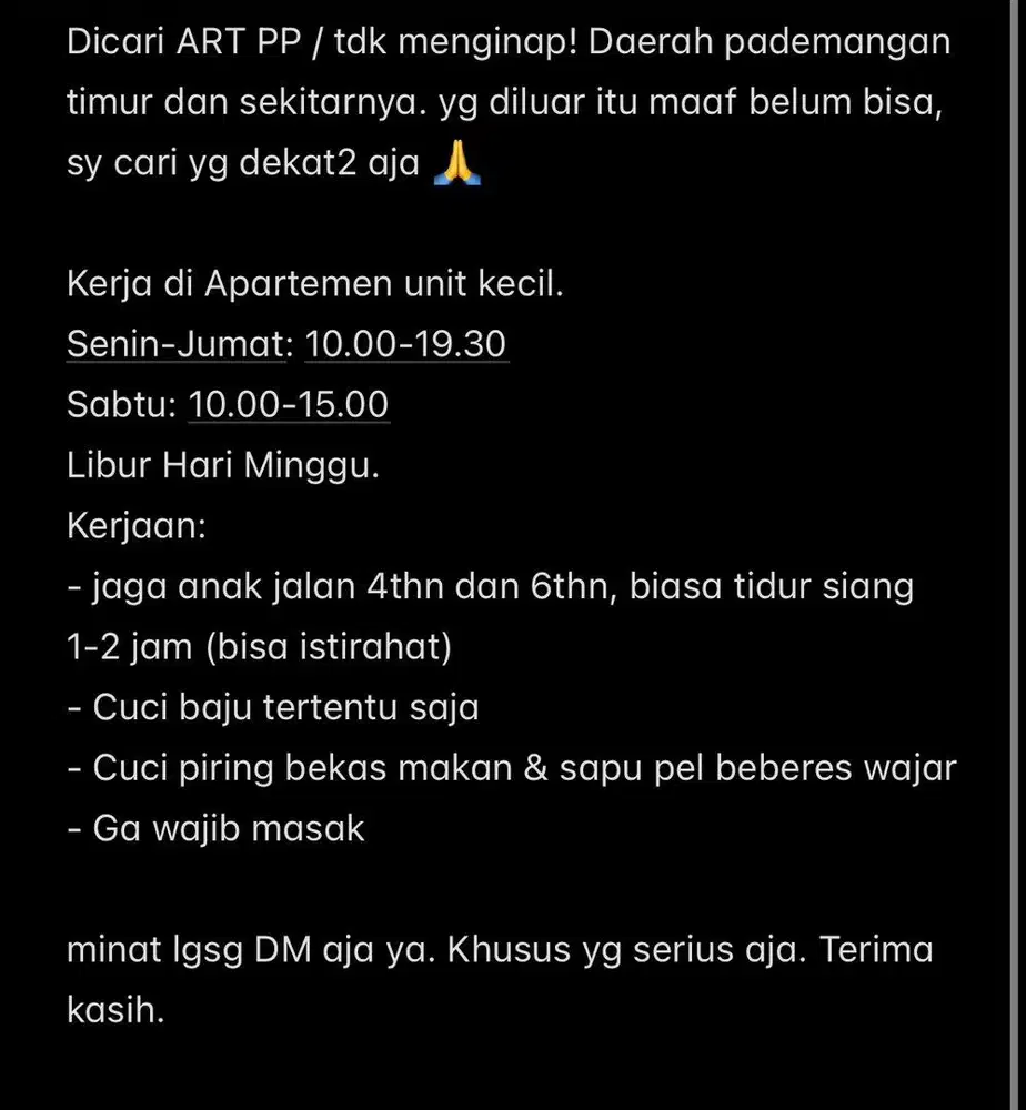 Loker ART momong PP / tidak menginap daerah PADEMANGAN.