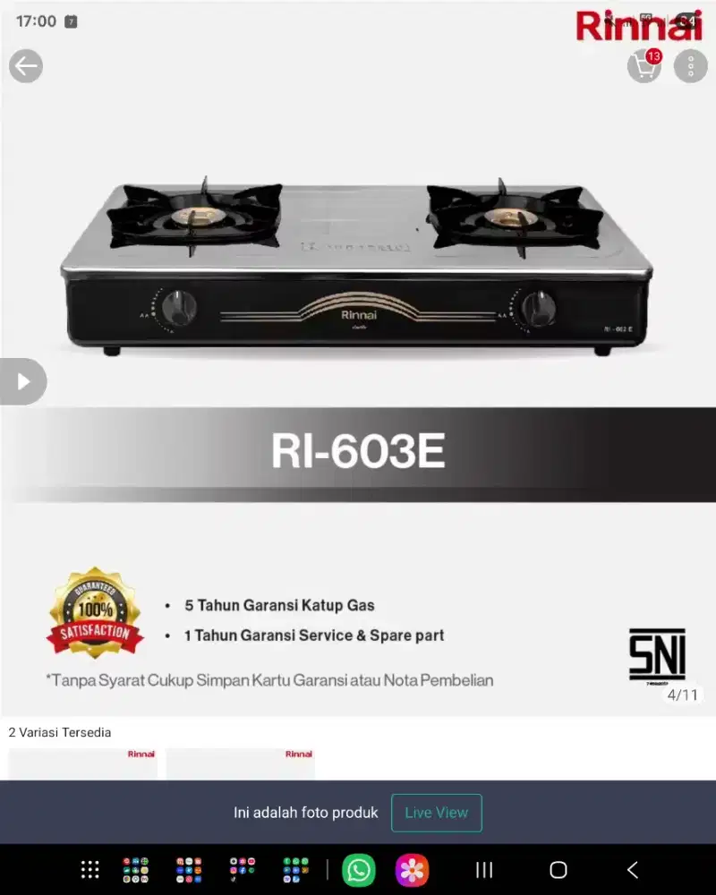 Kompor Gas 2 Tungku Rinai RI-603E hitam kondisi baru 1x pakai