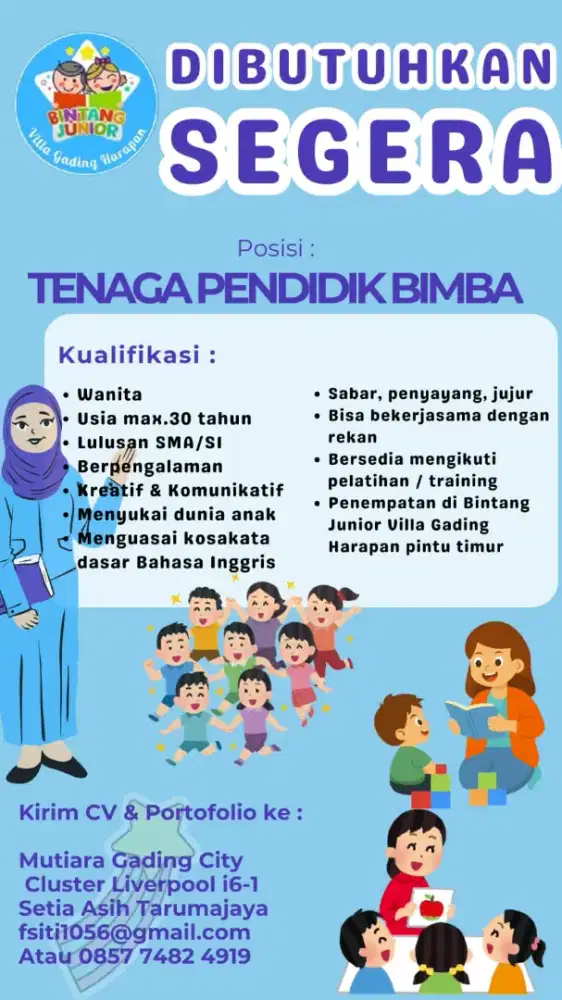 Lowongan Pengajar / konsultan anak 3 -6 Th