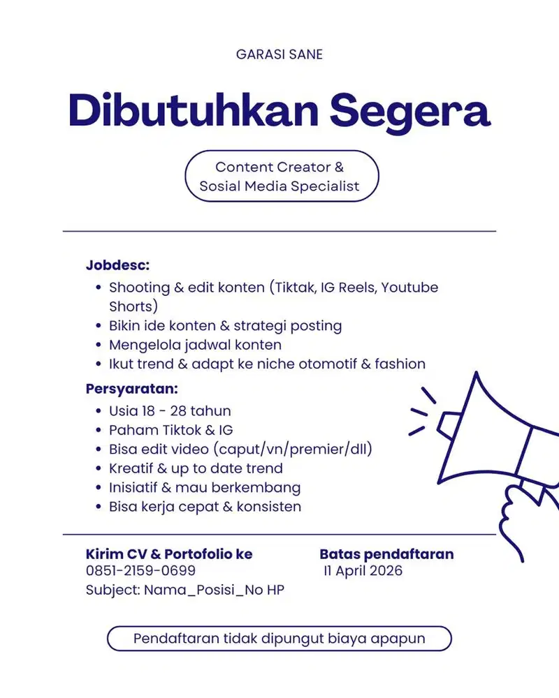Dicari Content Creator Kreatif (TikTok, IG, YouTube) – Garasi Sane
