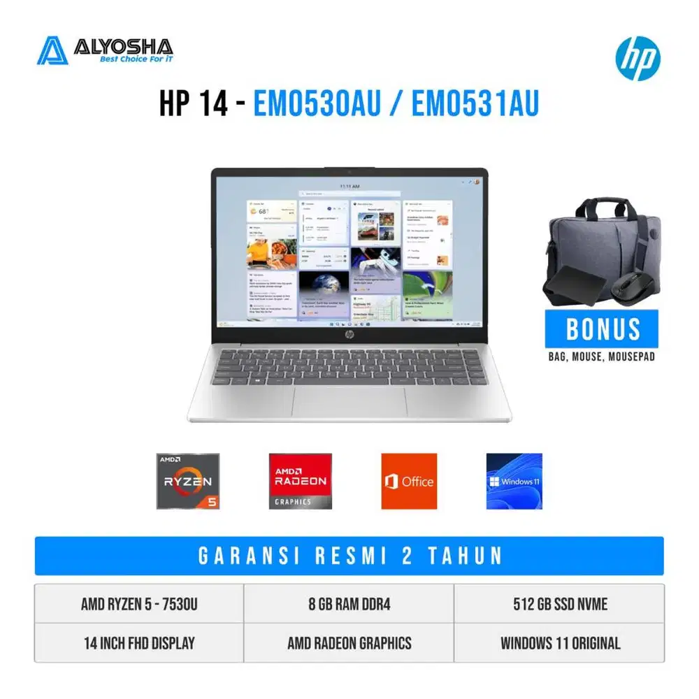 HP 14 EM0530AU/EM0531AU Ryzen 5 7530U 8GB SSD 512GB 14″ FHD W11+OH2024