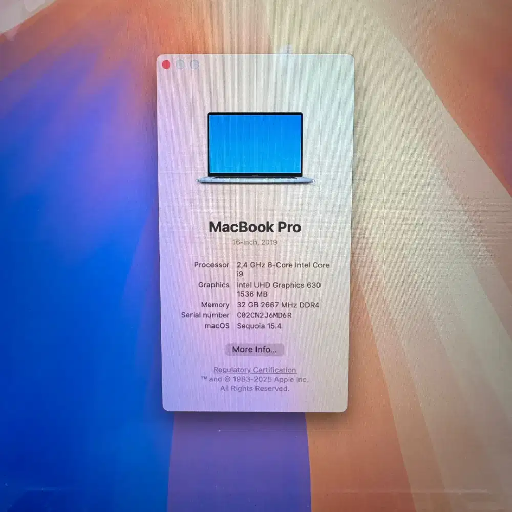 Macbook Pro 2019 Touchbar Ram 32 Ssd 512 Layar 16 inch Full set Silver