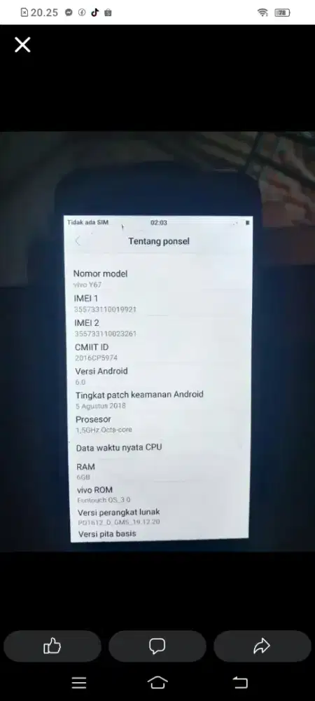 VIVO Y67 Ram 6 GB Internal 128 GB Jaringan 4G LTE