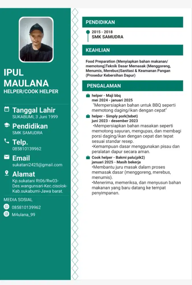 Info loker f&b sebagai helper,tapi bisa wook (belum terlalu ahli)