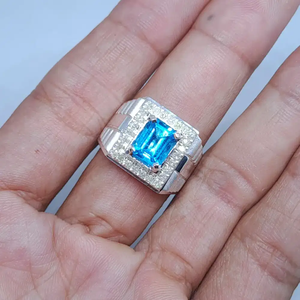 Cincin pria berlian asli blue topaz