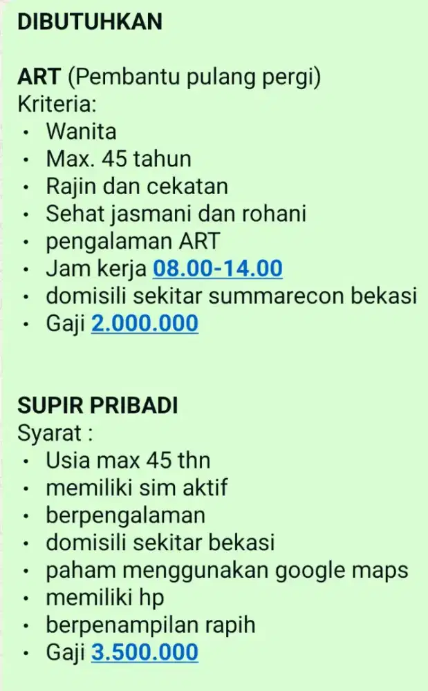 DICARI ART & SUPIR PRIBADI