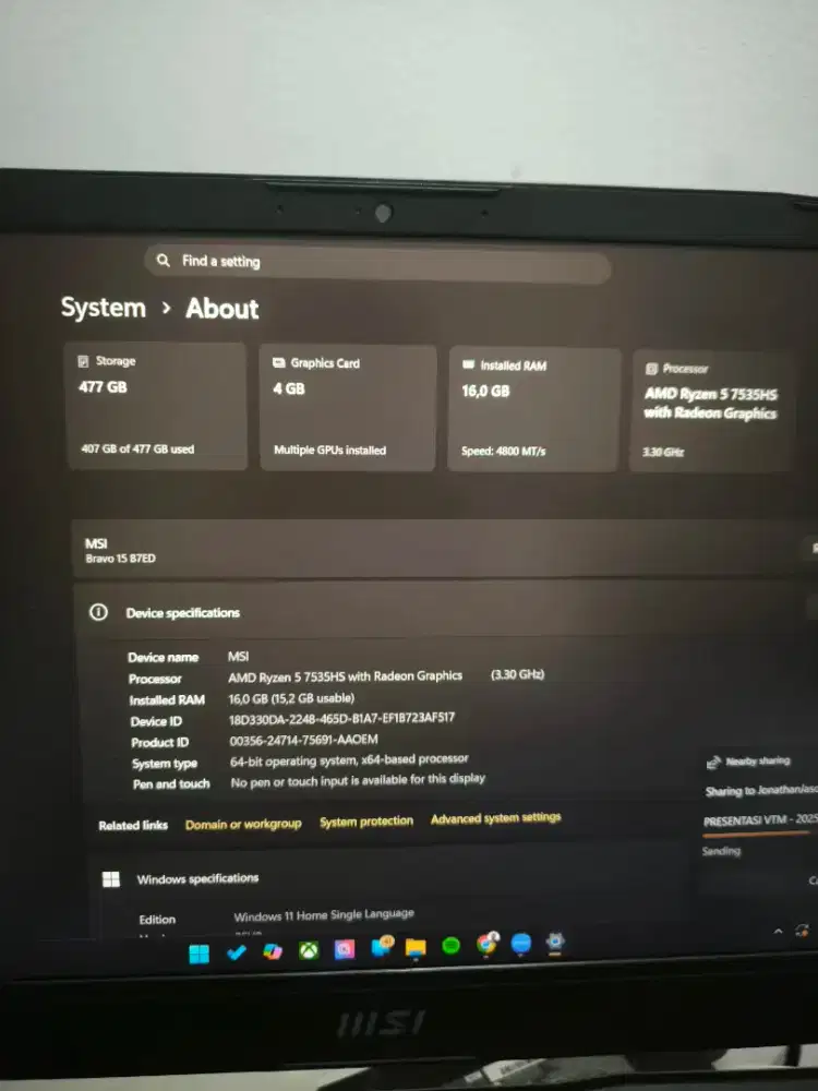 MSI Bravo 15 B7ED Ryzen 5 7353HS, RAM 16GB, SSD 512GB