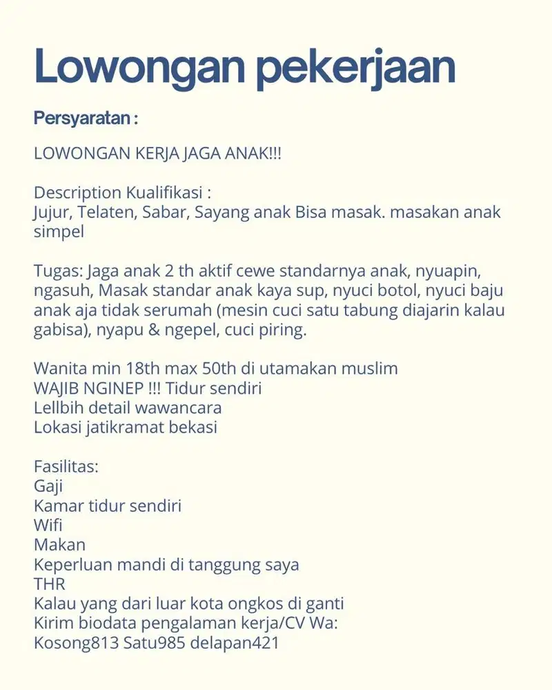 Lowongan kerja jaga anak