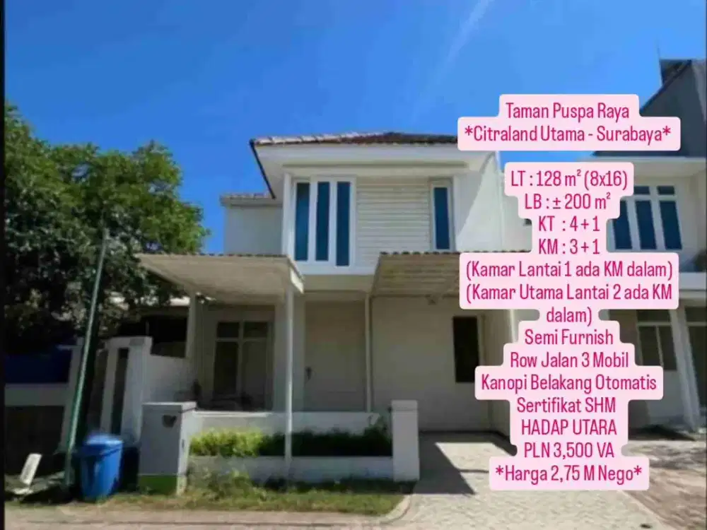 DIJUAL RUMAH TAMAN PUSPA RAYA CITRALAND UTAMA, ROW 3 JALAN 2.75M SHM UTARA