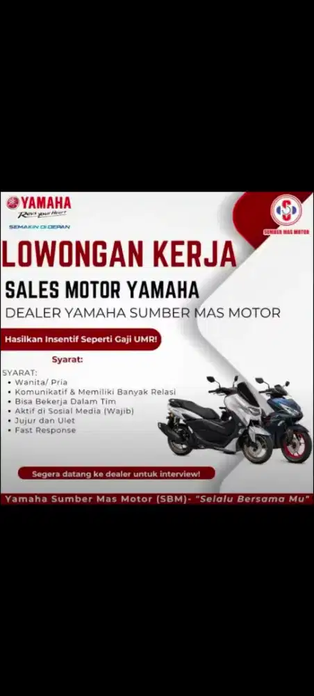 LOWONGAN KERJA SALES MOTOR DEALER YAMAHA SUMBER MAS MOTOR