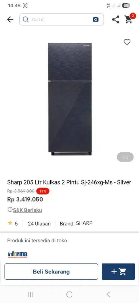 Sharp 205 ltr kulkas 2 pintu sj-246xg