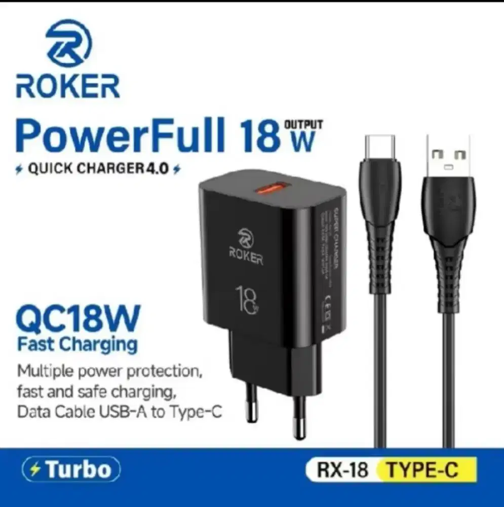 CHARGER ROKER RX18 FastCharging QC4.0 18W+Kabel Data Type C Hitam New.