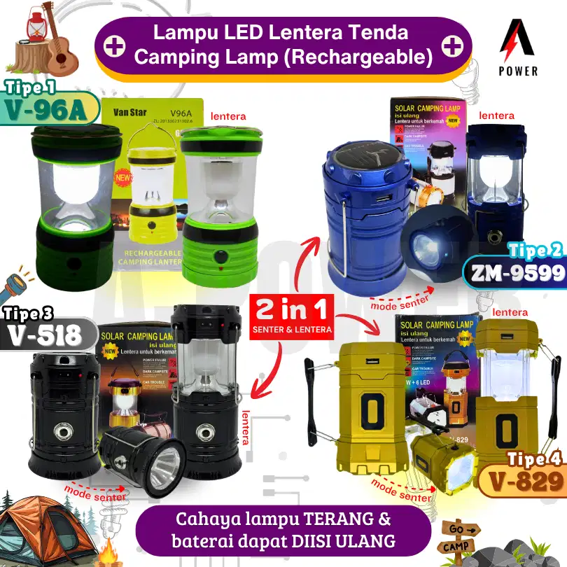 Lampu LED Lentera Tenda/Camping Lamp/Emergency SolarPanel Rechargeable