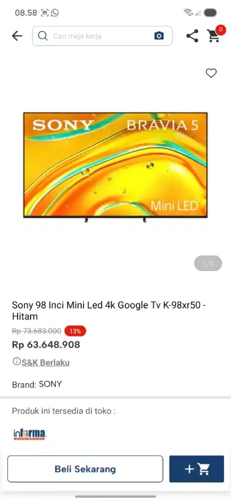 Ready stok tv 98 inc miniled sony