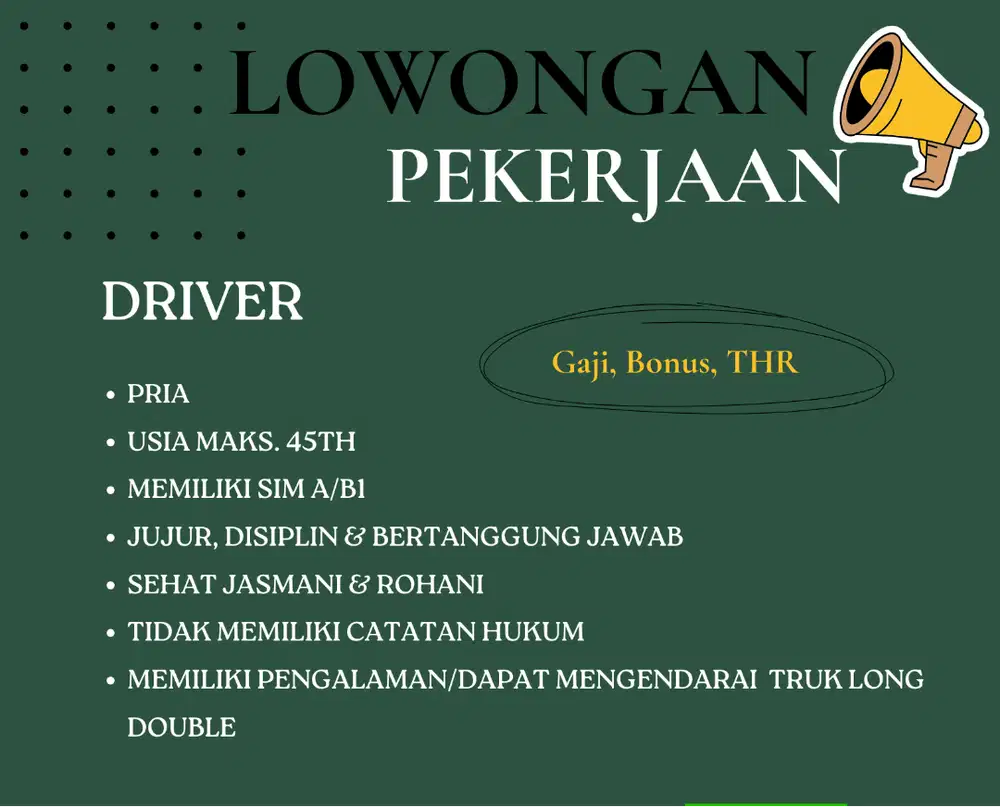 LOWONGAN PEKERJAAN SUPIR/DRIVER BATANG PEKALONGAN