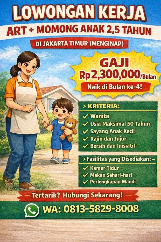LOWONGAN ART + MOMONG / PENGASUH MENGINAP JAKARTA TIMUR