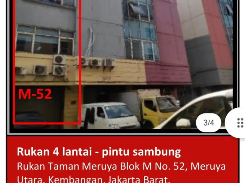 Di Jual Rukan 4 Lantai Pintu Sambung Aset Bank di Rukan Taman Meruya Blok M , Meruya Utara, Kembangan, Jakarta Barat.